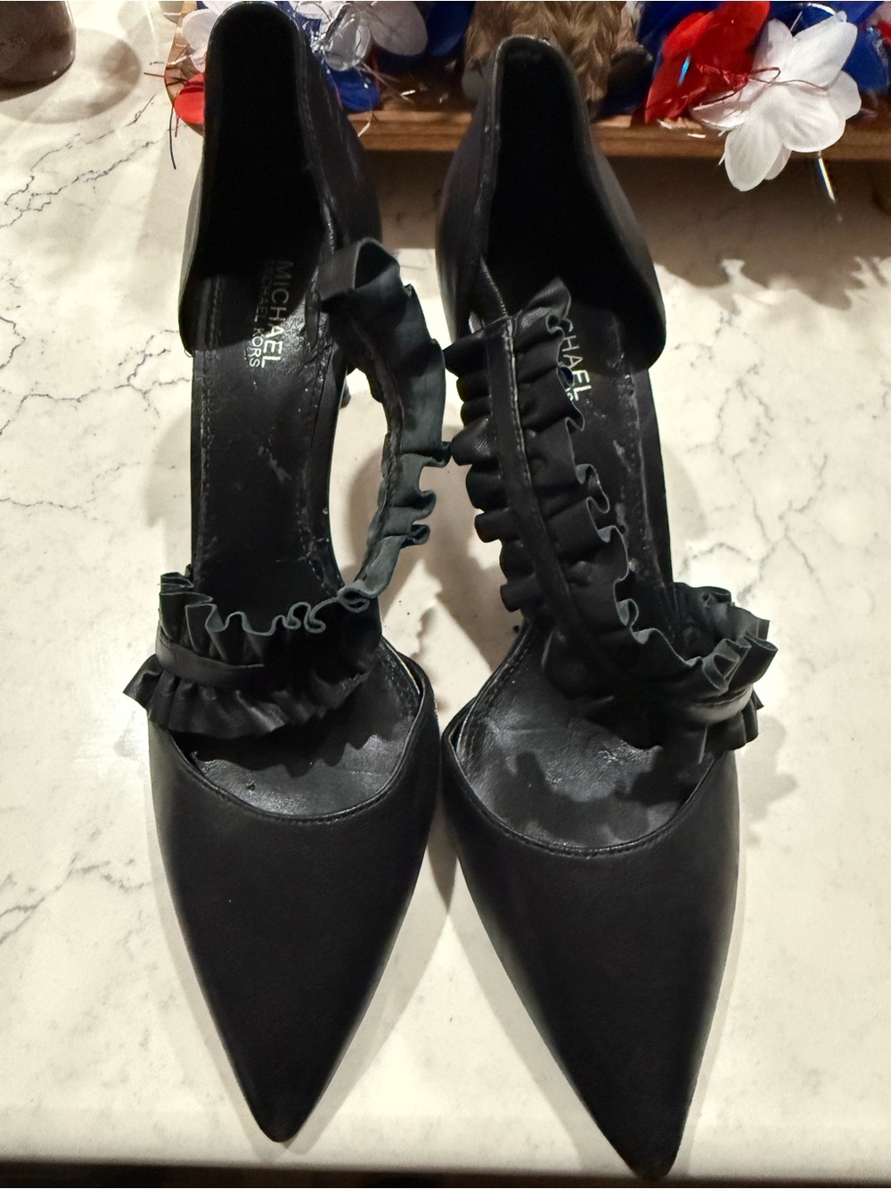 Michael Kors Black Ruffle-Strap Pointed Toe Heels